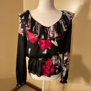 WHBM Black Floral Print Ruffle Top Shirt Sz XXS